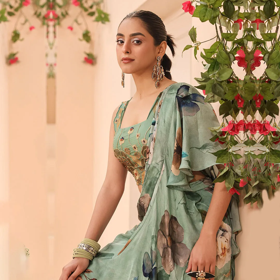 Pastel Green Floral Print Ruffled Saree
