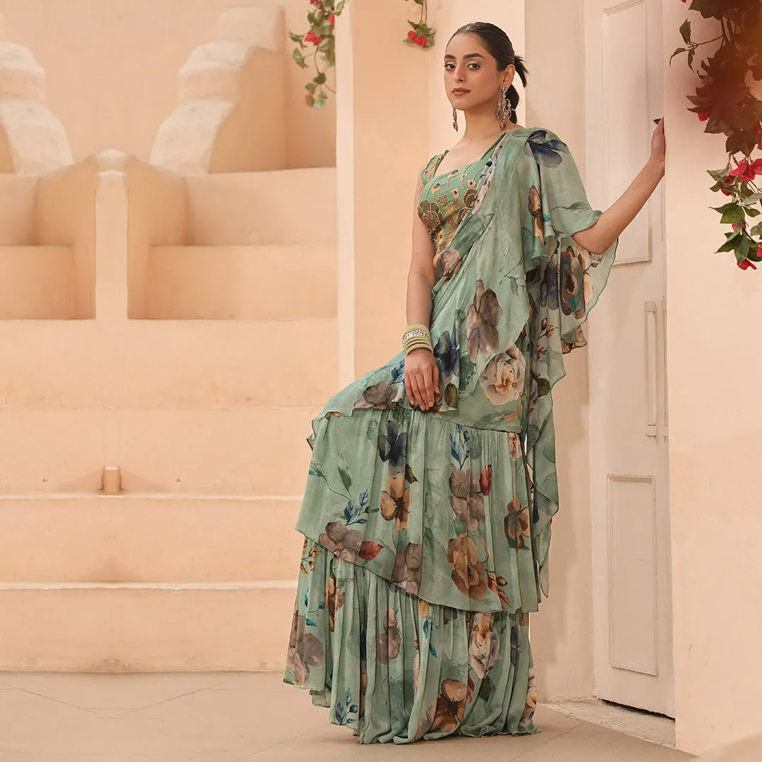 Pastel Green Floral Print Ruffled Saree