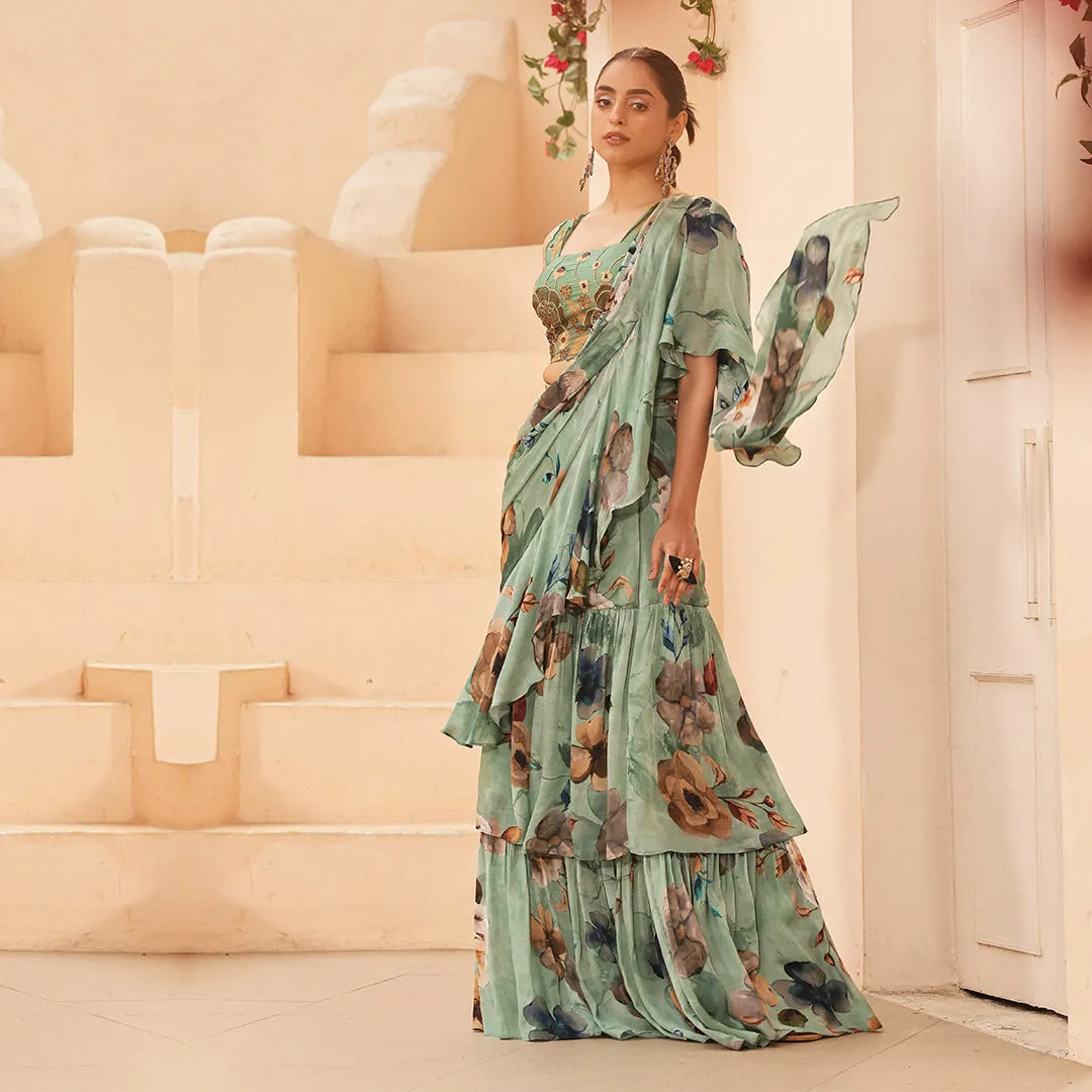 Pastel Green Floral Print Ruffled Saree