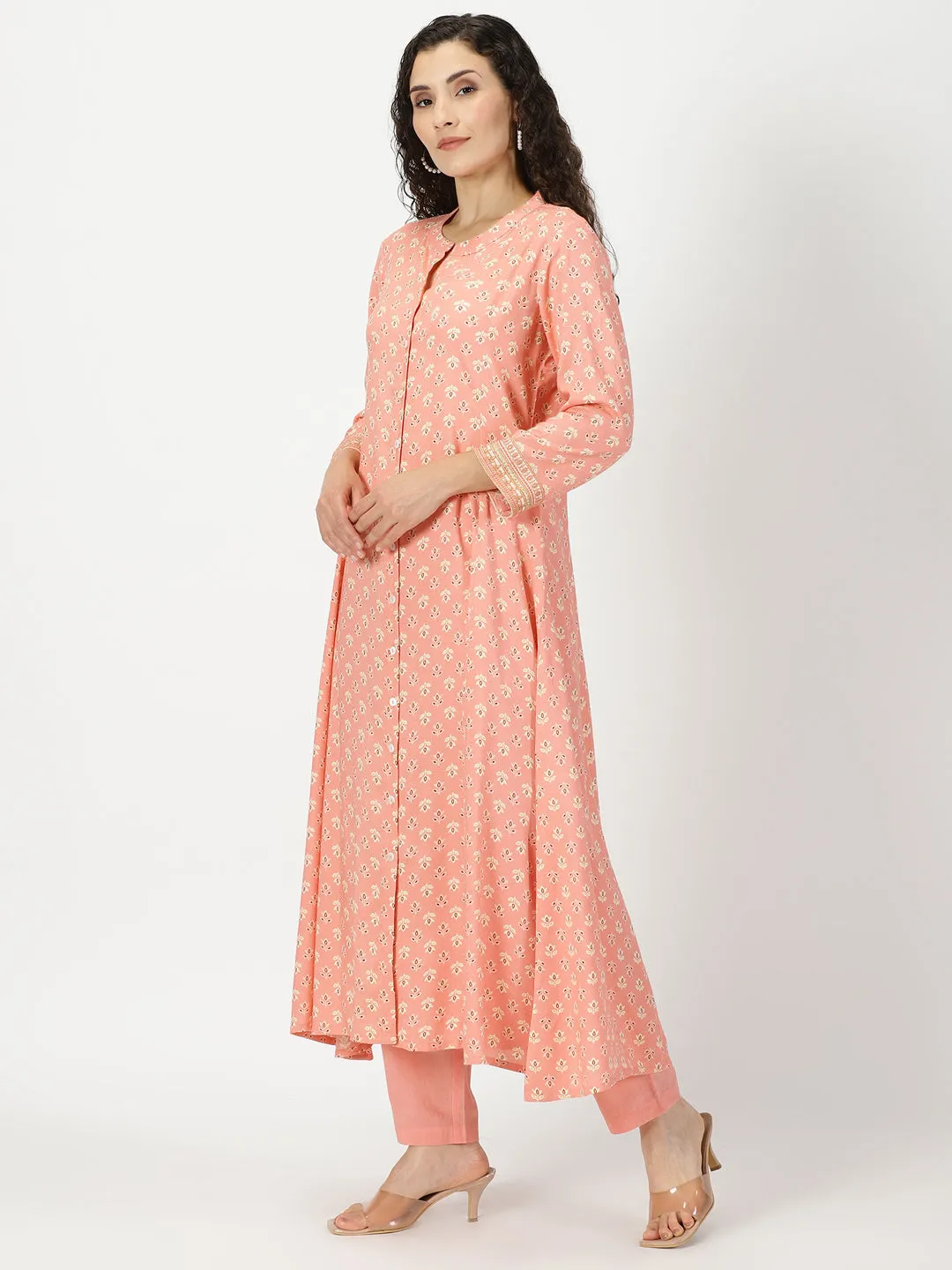 Peach Floral Print Button-Down Kurta with Embroidery Border