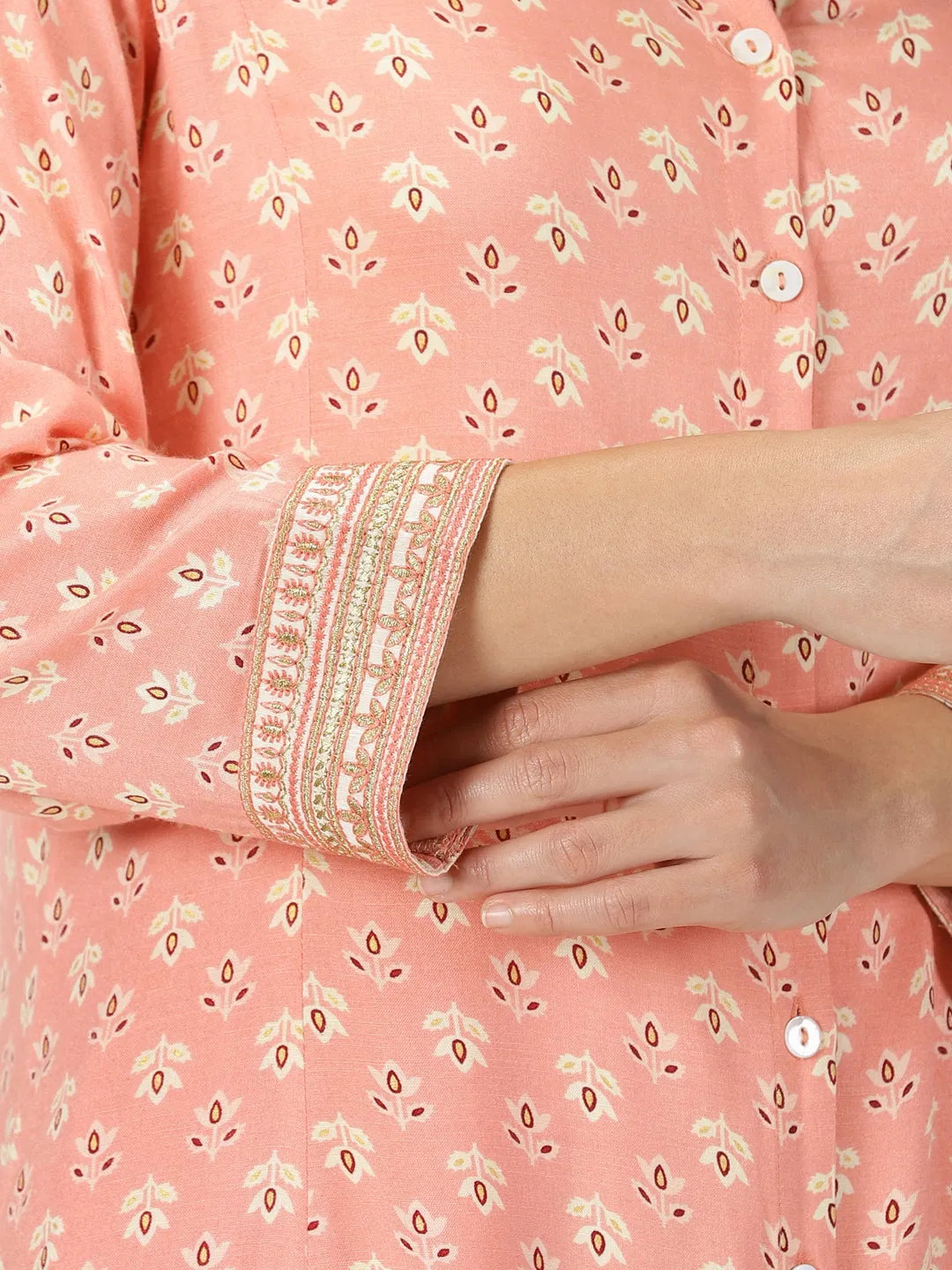Peach Floral Print Button-Down Kurta with Embroidery Border