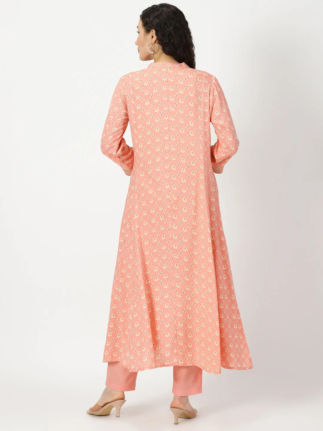Peach Floral Print Button-Down Kurta with Embroidery Border