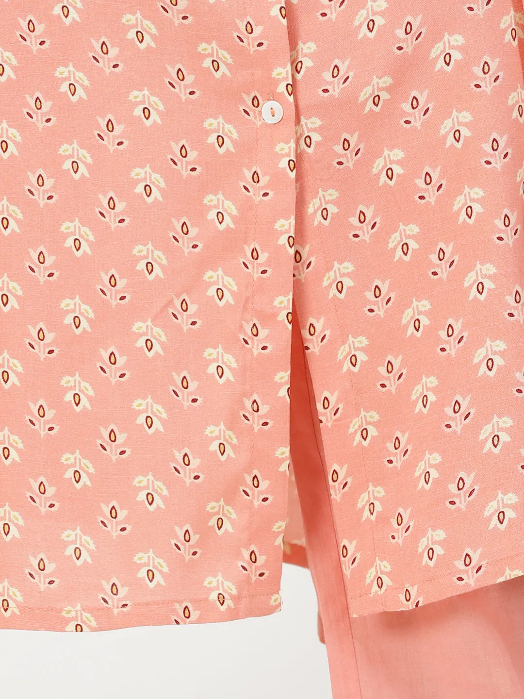 Peach Floral Print Button-Down Kurta with Embroidery Border