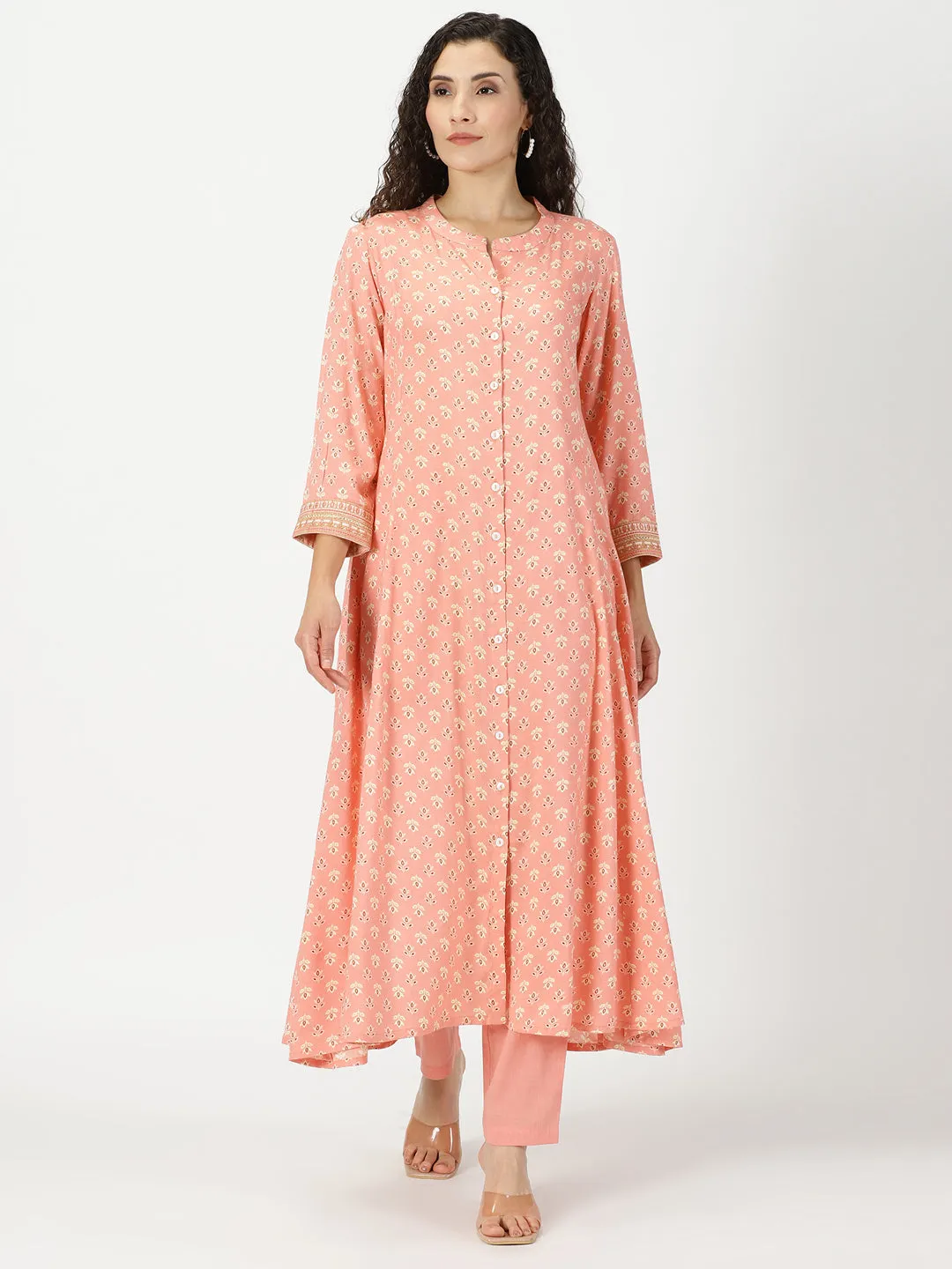 Peach Floral Print Button-Down Kurta with Embroidery Border