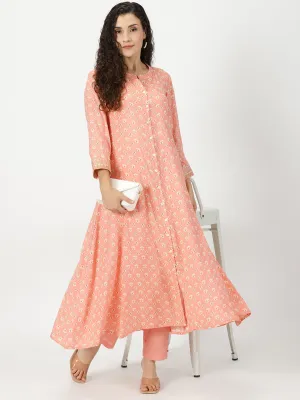 Peach Floral Print Button-Down Kurta with Embroidery Border