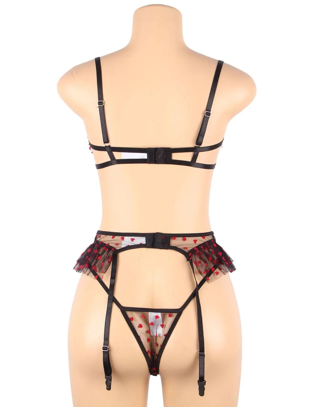 Peach Heart Lace Ruffled Open Cup Garter Sexy Bra Set Farawlaya Egypt