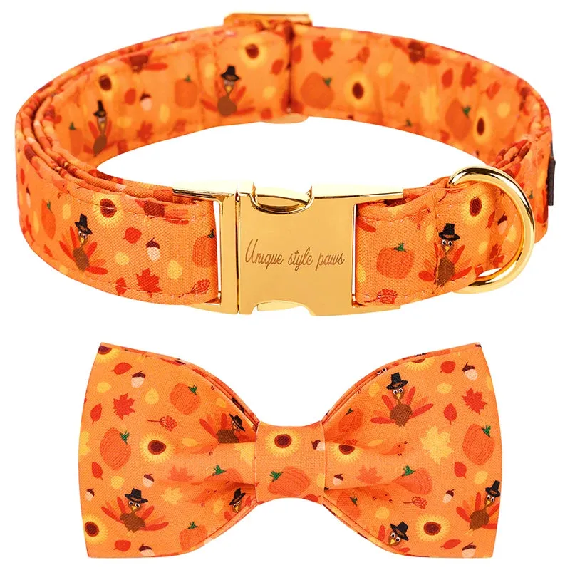Personalized Pumpkin Dog Collar with Bowtie flower | Customized Autumn Collar for Dogs