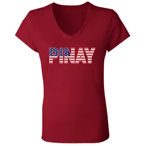 Pinay with US Flag Embedded Ladies' Jersey V-Neck T-Shirt