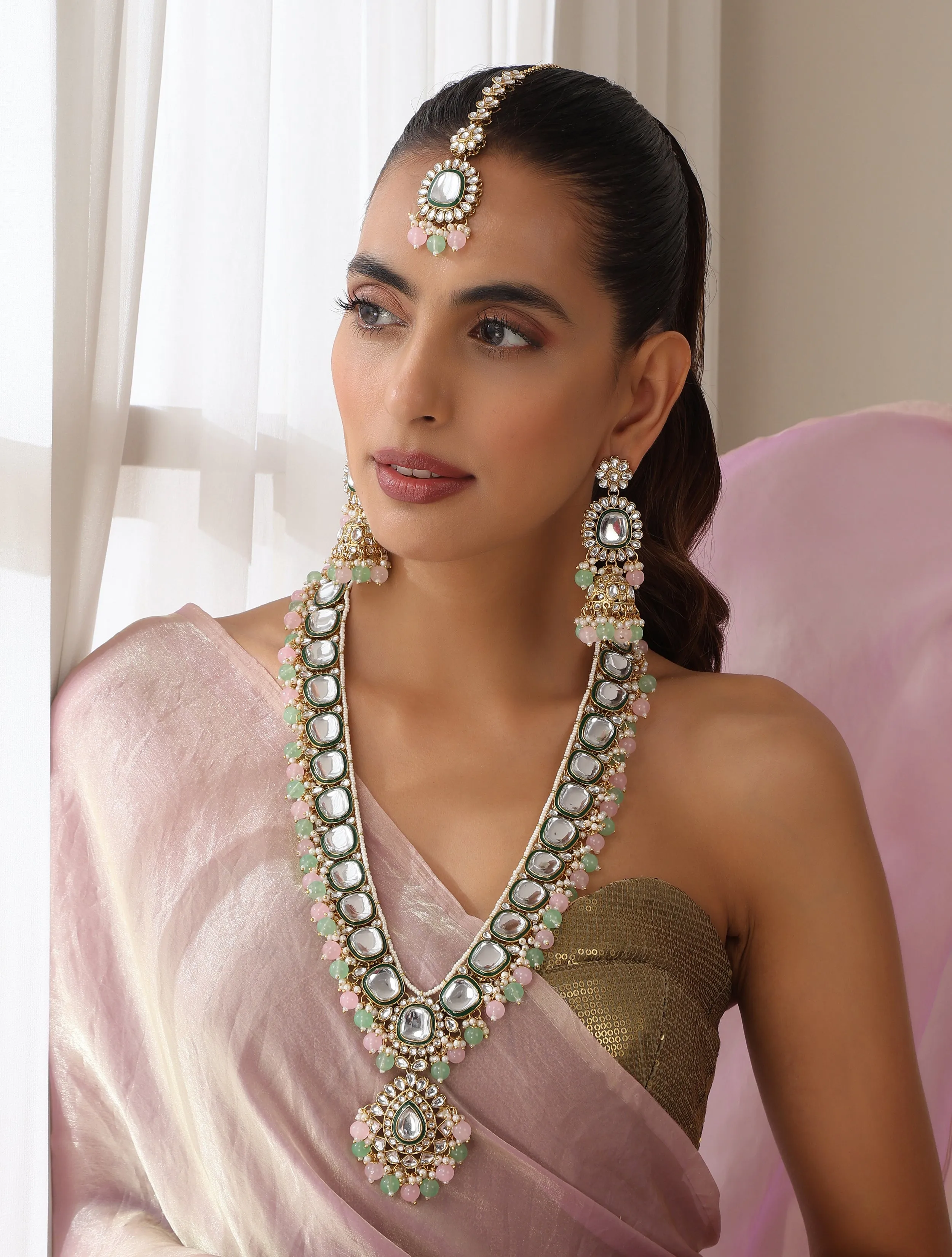Pink & Parrot Green Color Long Kundan Necklace, Earring and Maang Teeka Set