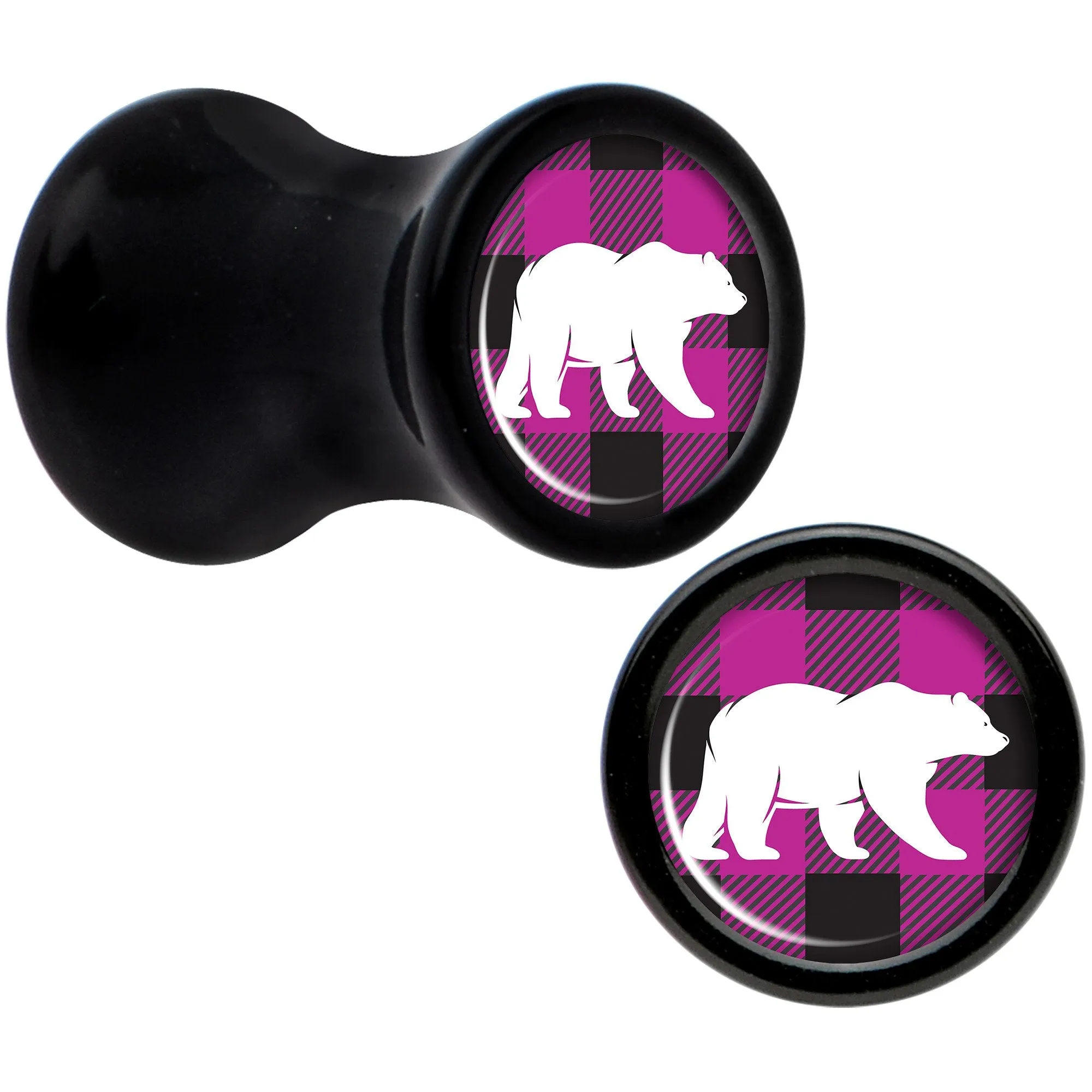 Pink Black Plaid Polar Bear Black Acrylic Saddle Plug Set Sizes 5mm to 20mm