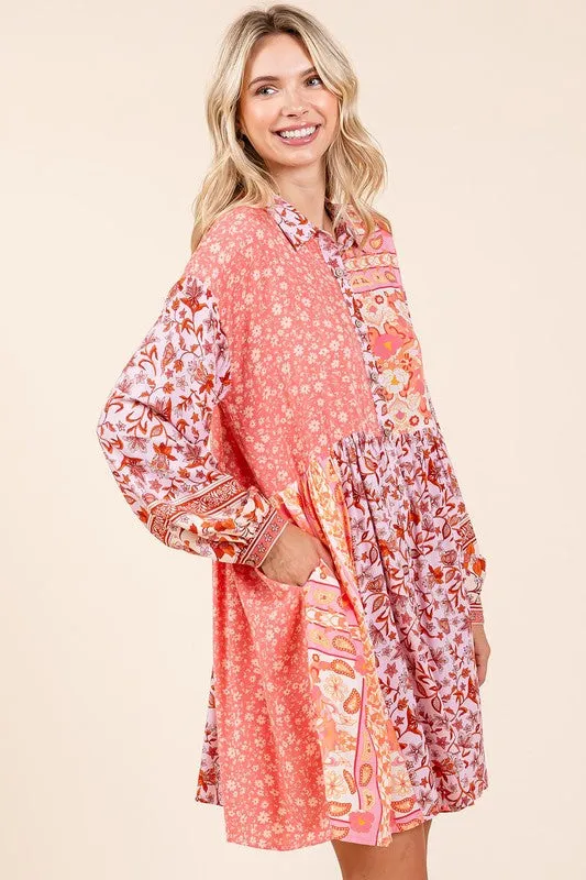 Pink Floral Button Detail Long Sleeve Shirt Dress