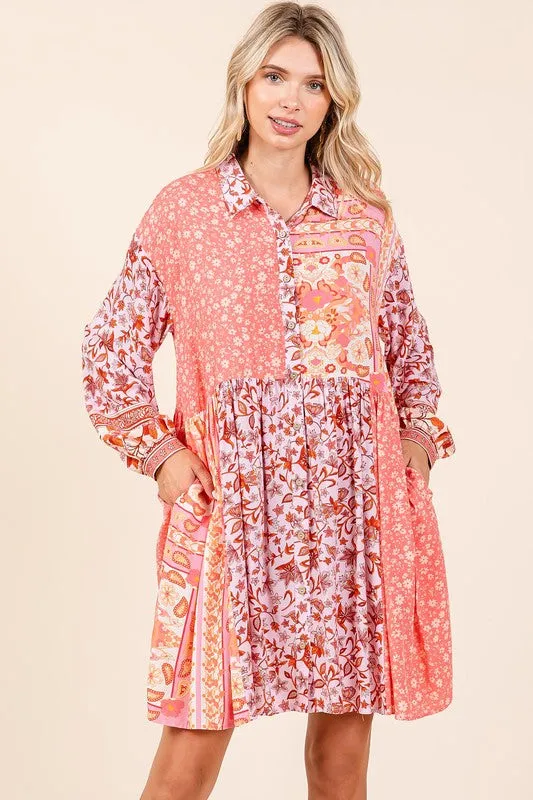 Pink Floral Button Detail Long Sleeve Shirt Dress