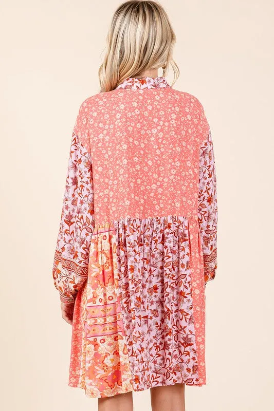 Pink Floral Button Detail Long Sleeve Shirt Dress