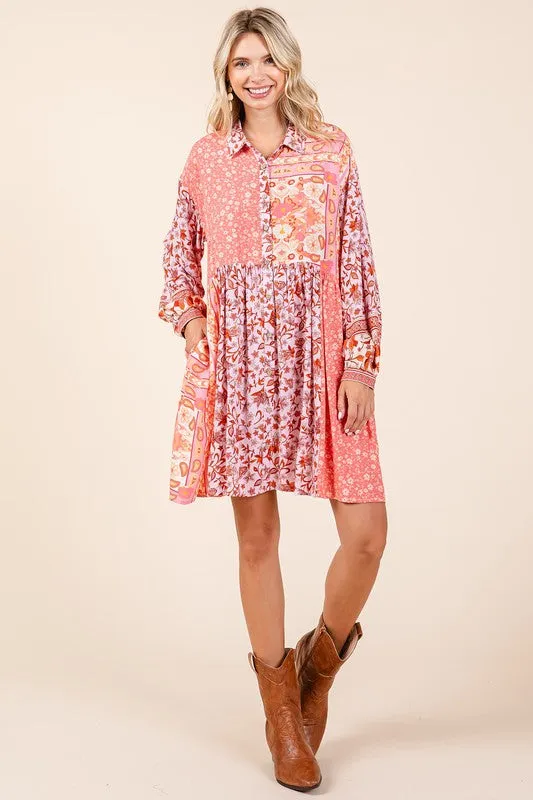 Pink Floral Button Detail Long Sleeve Shirt Dress
