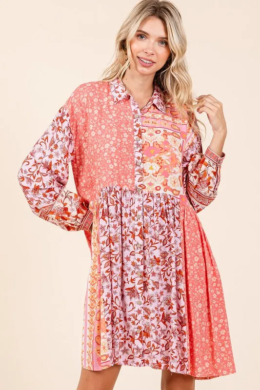Pink Floral Button Detail Long Sleeve Shirt Dress