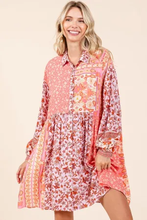Pink Floral Button Detail Long Sleeve Shirt Dress