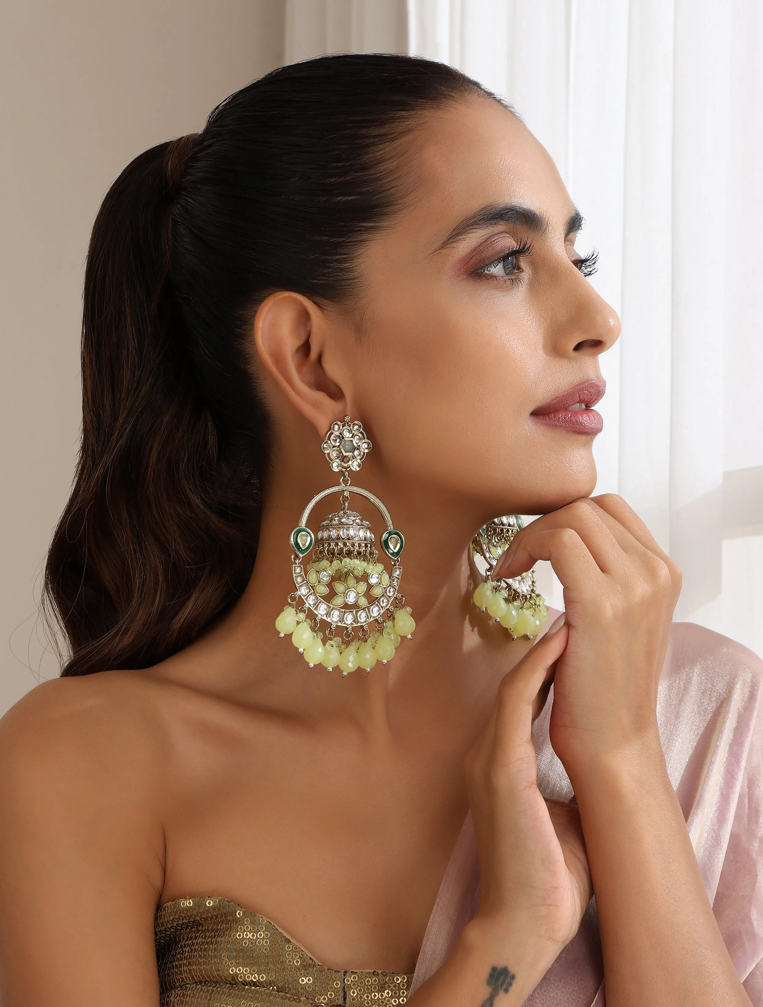 Pista Green Round Kundan Jhumka Earrings