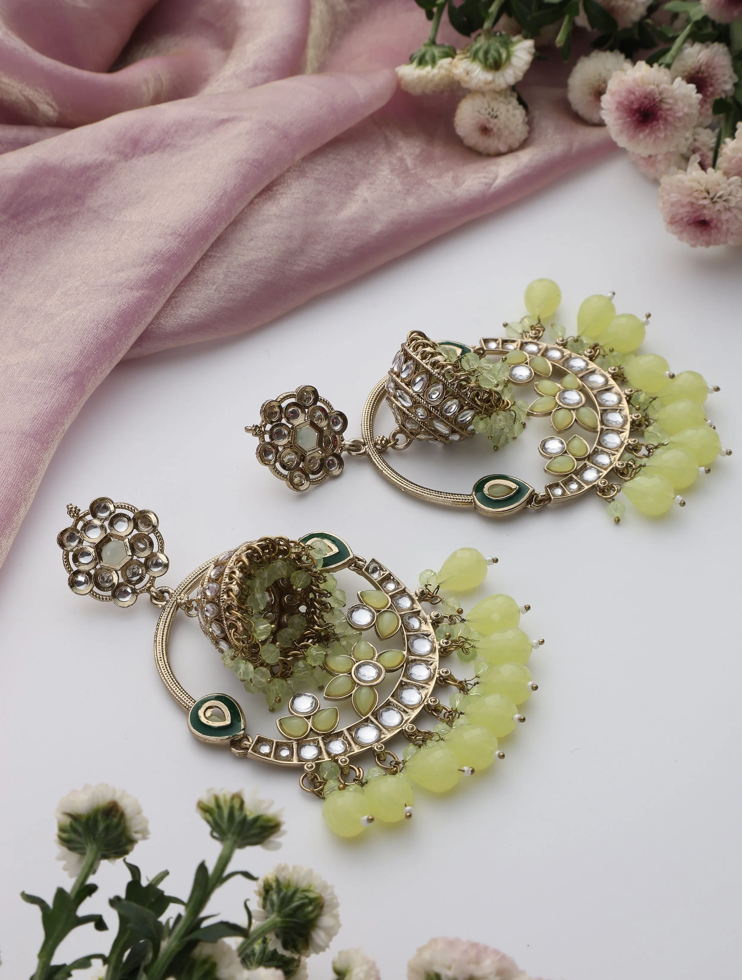 Pista Green Round Kundan Jhumka Earrings