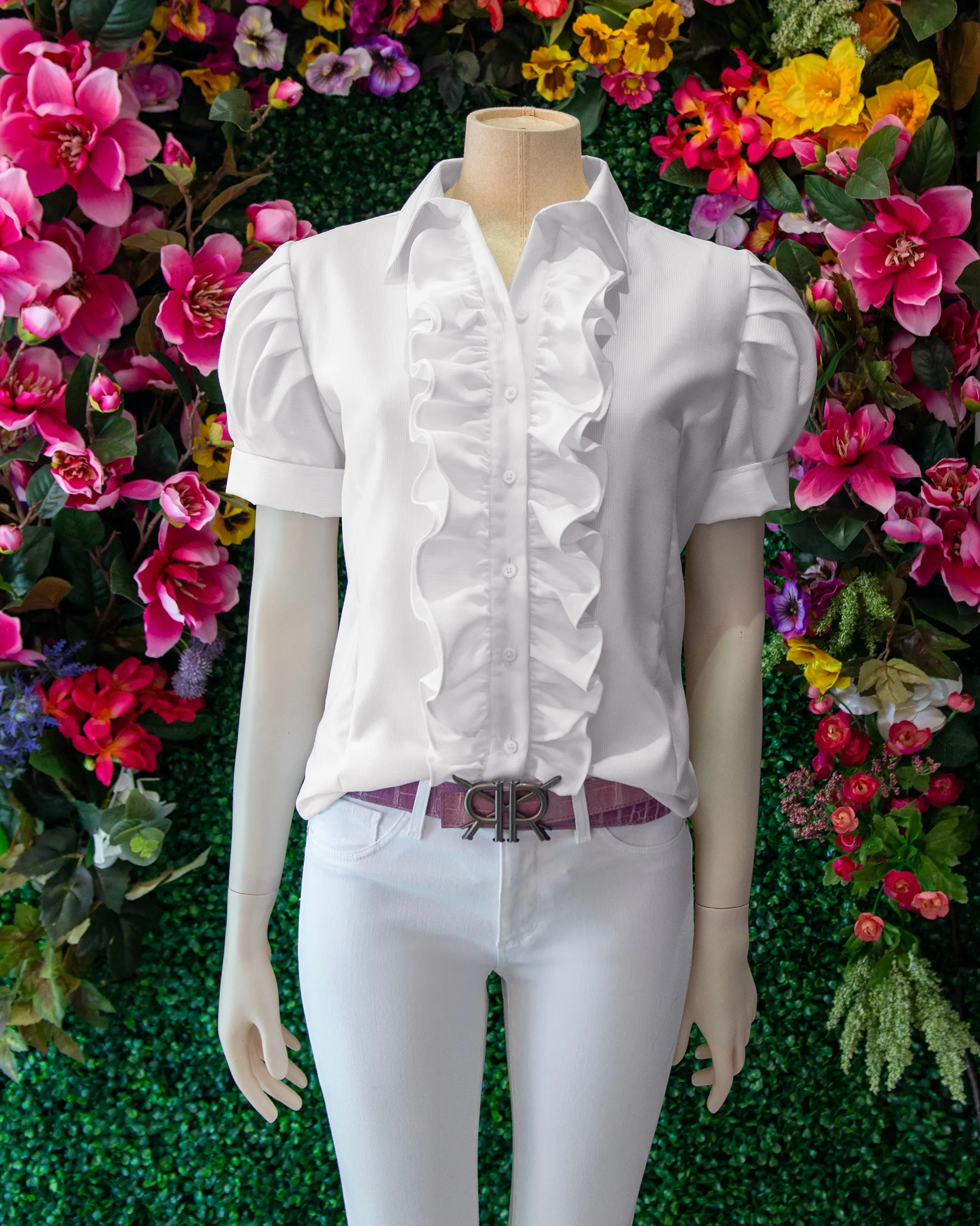Pleated Sleeve Ruffle Button Down