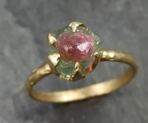 raw rough uncut watermelon tourmaline yellow gold ring bi color ring green pink gemstone crystal 14k recycled 0482 Alternative Engagement
