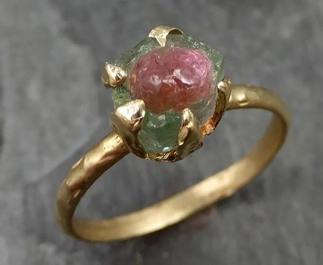 raw rough uncut watermelon tourmaline yellow gold ring bi color ring green pink gemstone crystal 14k recycled 0482 Alternative Engagement