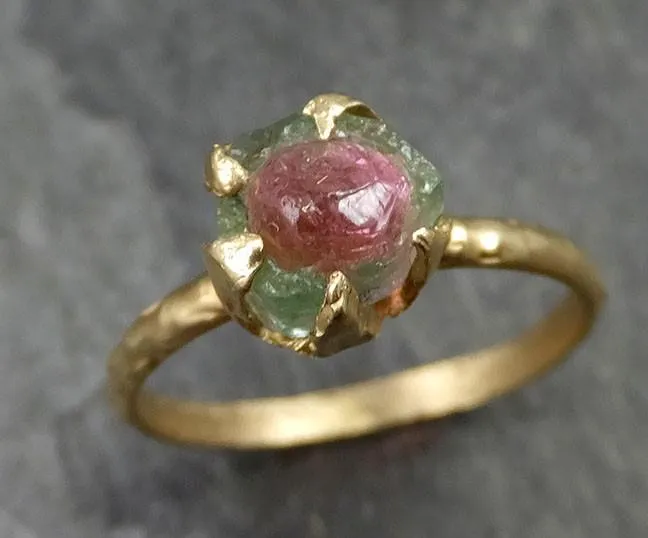 raw rough uncut watermelon tourmaline yellow gold ring bi color ring green pink gemstone crystal 14k recycled 0482 Alternative Engagement