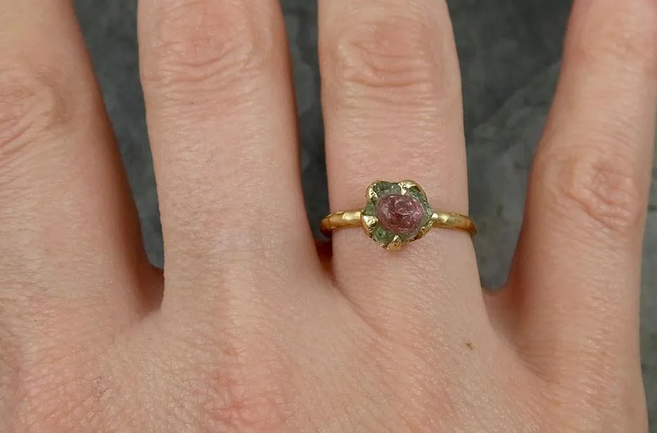 raw rough uncut watermelon tourmaline yellow gold ring bi color ring green pink gemstone crystal 14k recycled 0482 Alternative Engagement