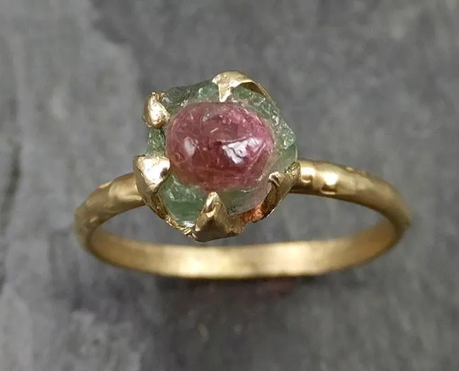 raw rough uncut watermelon tourmaline yellow gold ring bi color ring green pink gemstone crystal 14k recycled 0482 Alternative Engagement