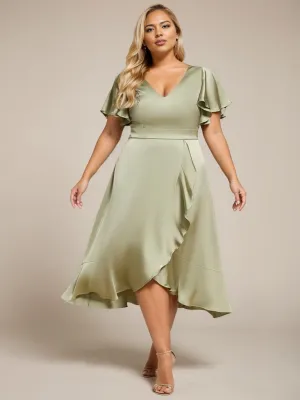 Rebecca satin ruffle dress with short flutter sleeves