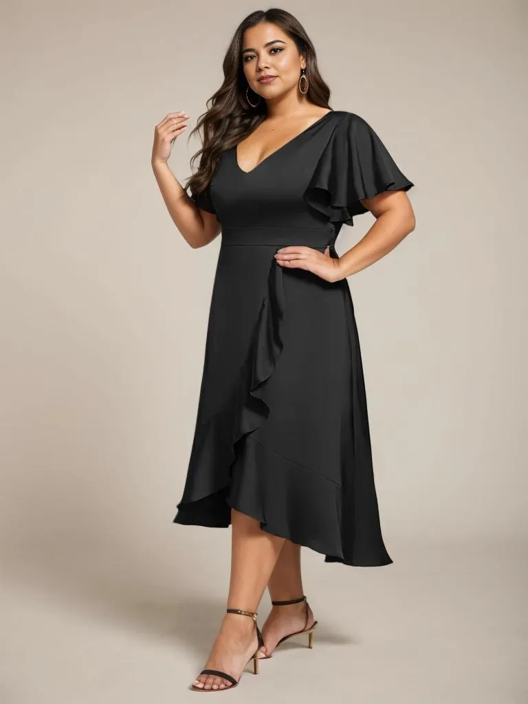 Rebecca satin ruffle dress with short flutter sleeves