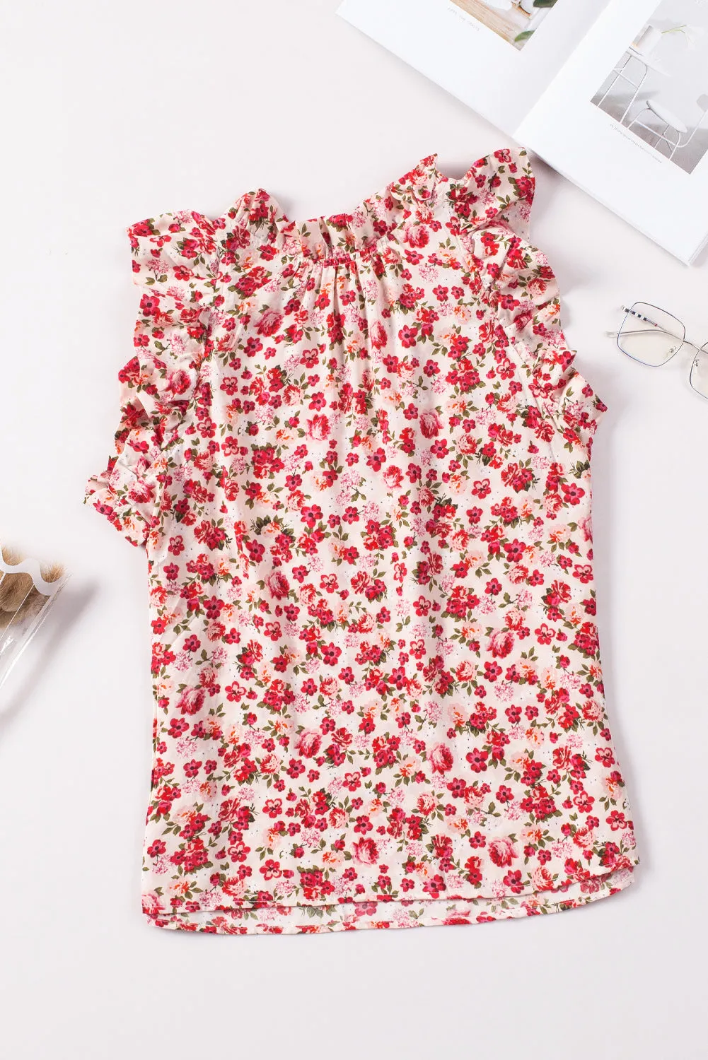 Red Floral Print Ruffled Mock Neck Sleeveless Top