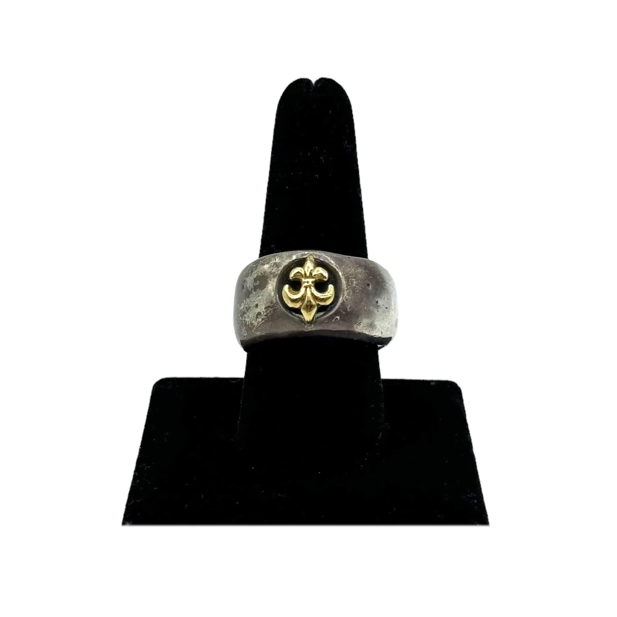 RING Hammered/Distressed 18K Gold & Sterling Silver with Fleur de Lis