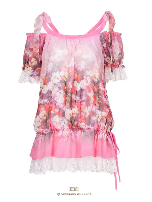 rosy bare shoulder chiffon blouse