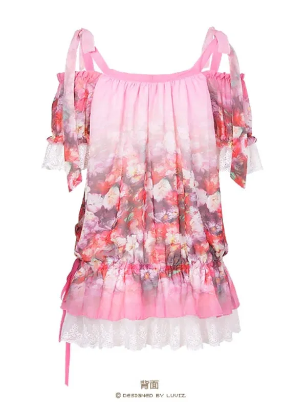 rosy bare shoulder chiffon blouse