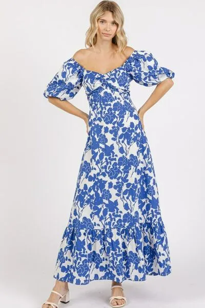 Royal Blue Cutout Back Floral Sweetheart Neck Puff Sleeve Dress