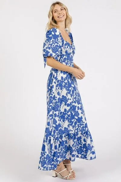Royal Blue Cutout Back Floral Sweetheart Neck Puff Sleeve Dress