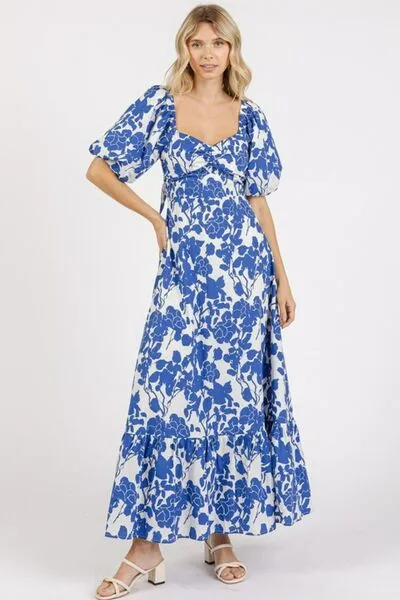 Royal Blue Cutout Back Floral Sweetheart Neck Puff Sleeve Dress