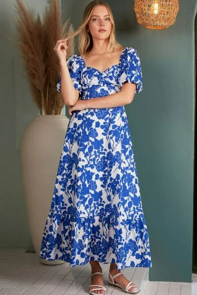 Royal Blue Cutout Back Floral Sweetheart Neck Puff Sleeve Dress