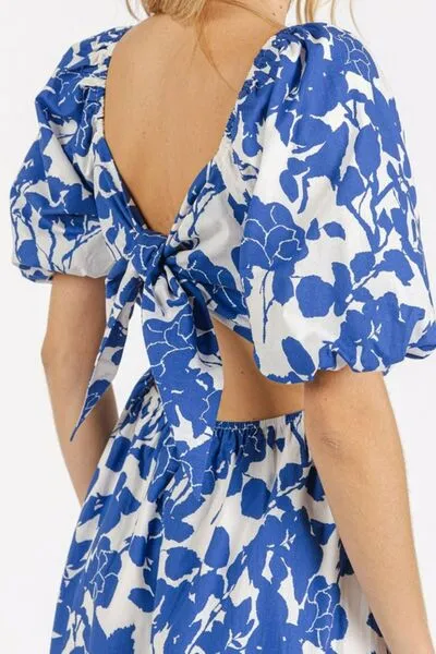 Royal Blue Cutout Back Floral Sweetheart Neck Puff Sleeve Dress
