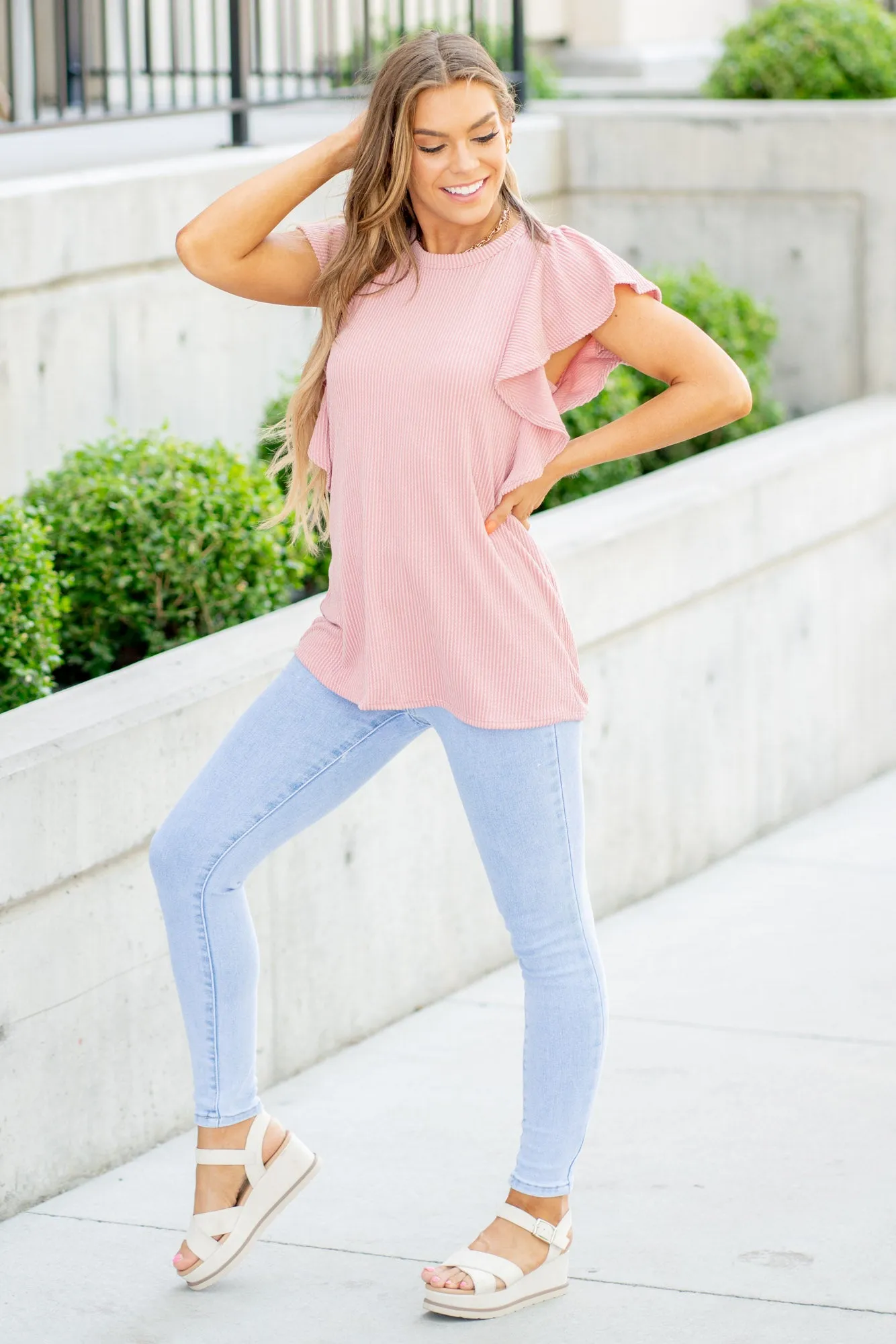 Ruffled Sleeve Ribbed Top Regular & Plus Sizes