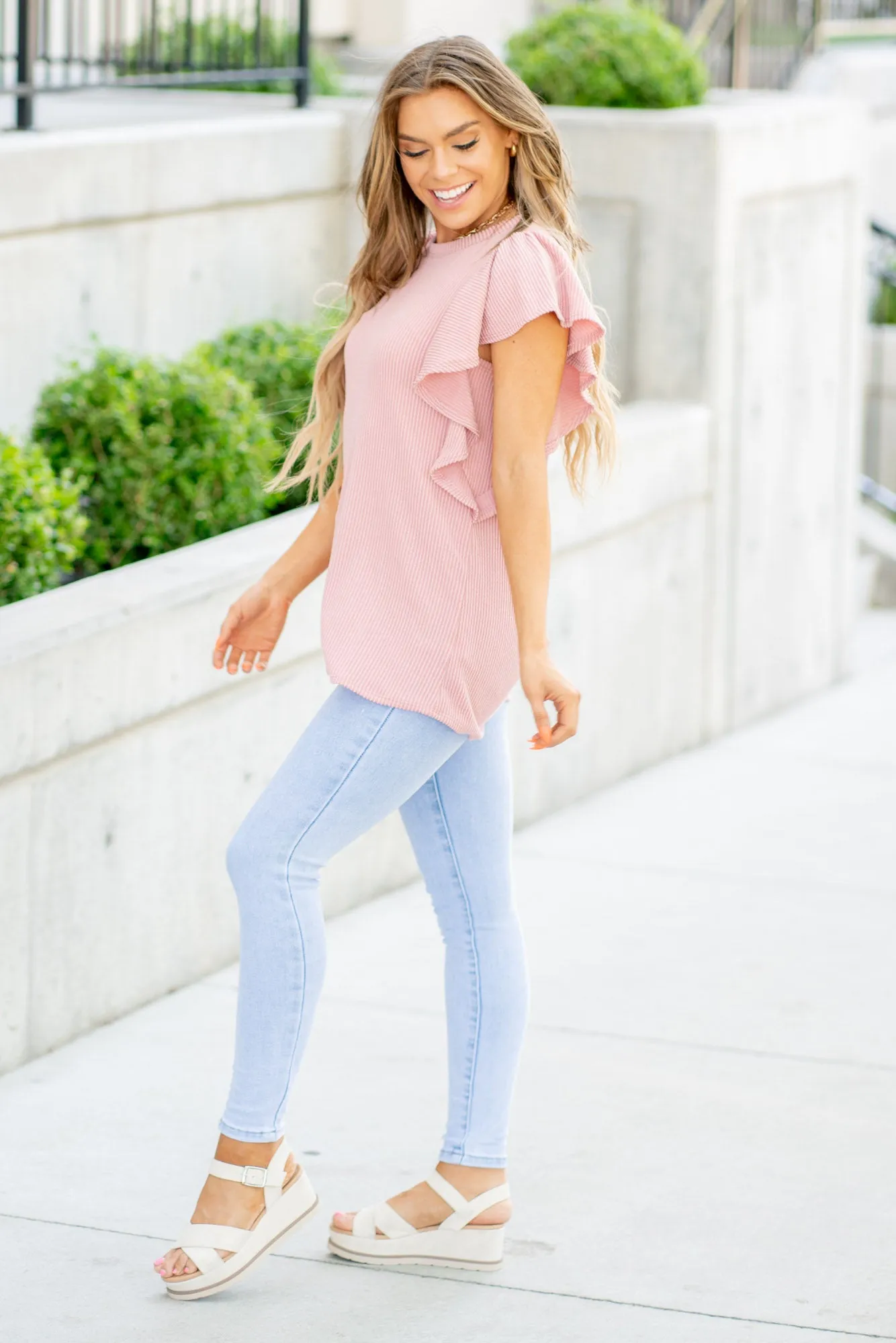 Ruffled Sleeve Ribbed Top Regular & Plus Sizes