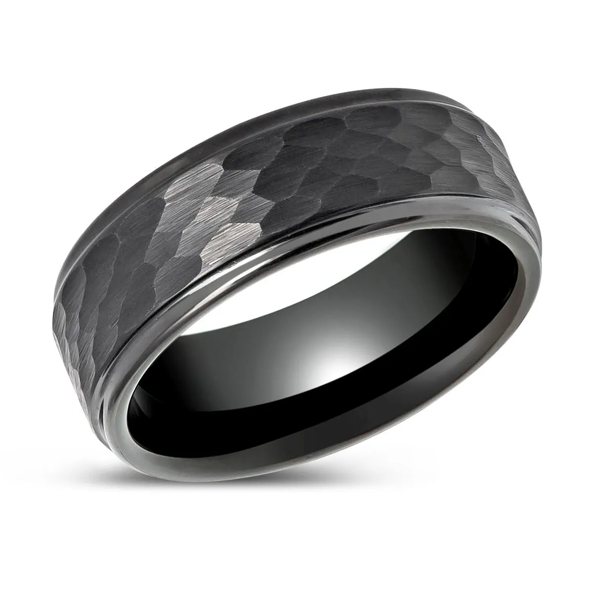 RUGGED | Gunmetal Tungsten Ring, Hammered, Stepped Edges