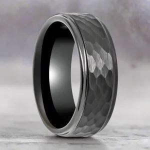 RUGGED | Gunmetal Tungsten Ring, Hammered, Stepped Edges