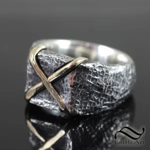 Rustic Gold X Ring - Sterling and 14k