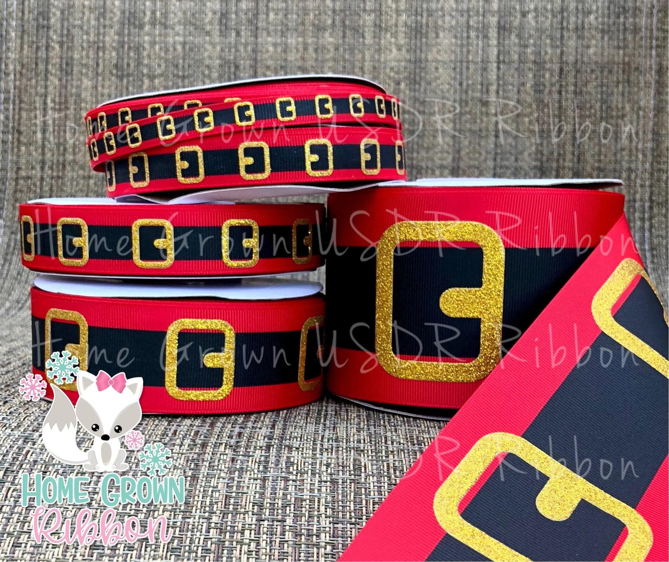 Santa Belt Christmas USDR Ribbonn - 3/8 Inch - 5/8 Inch - 7/8 Inch - 1.5 Inch - 3 Inch
