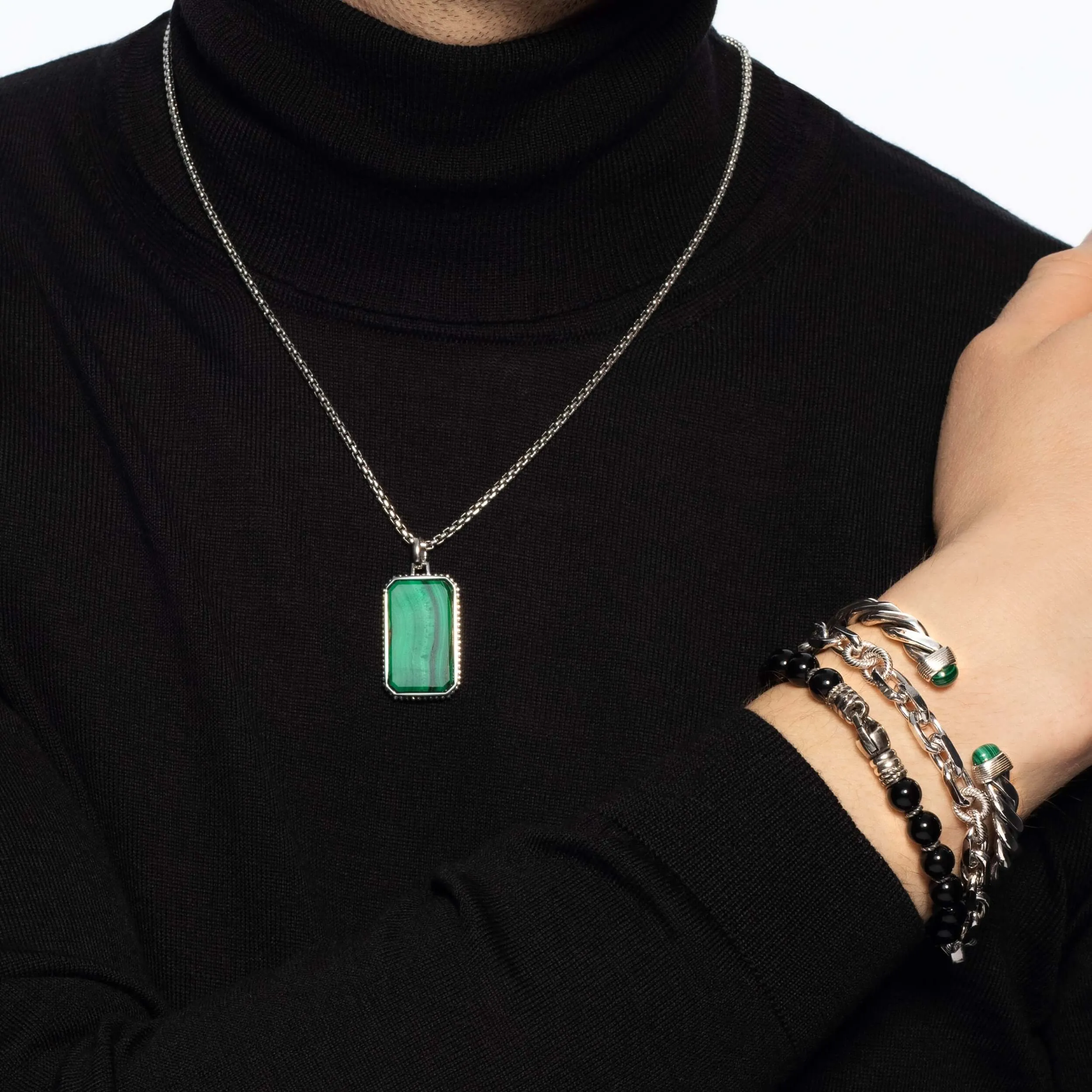 Silver & Malachite Men's Tag Necklace