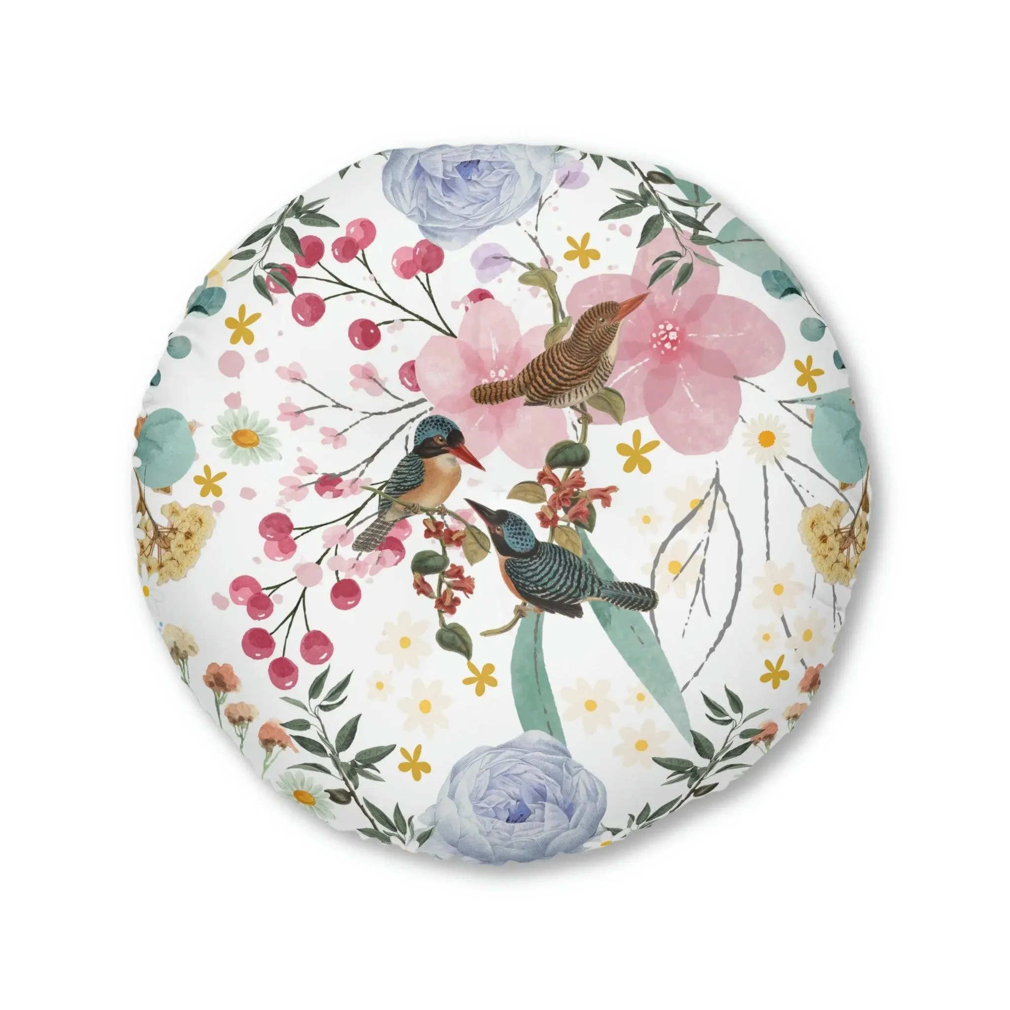 Sky Blue Chinoiserie Floral and Bird Tufted Round Floor Pillow