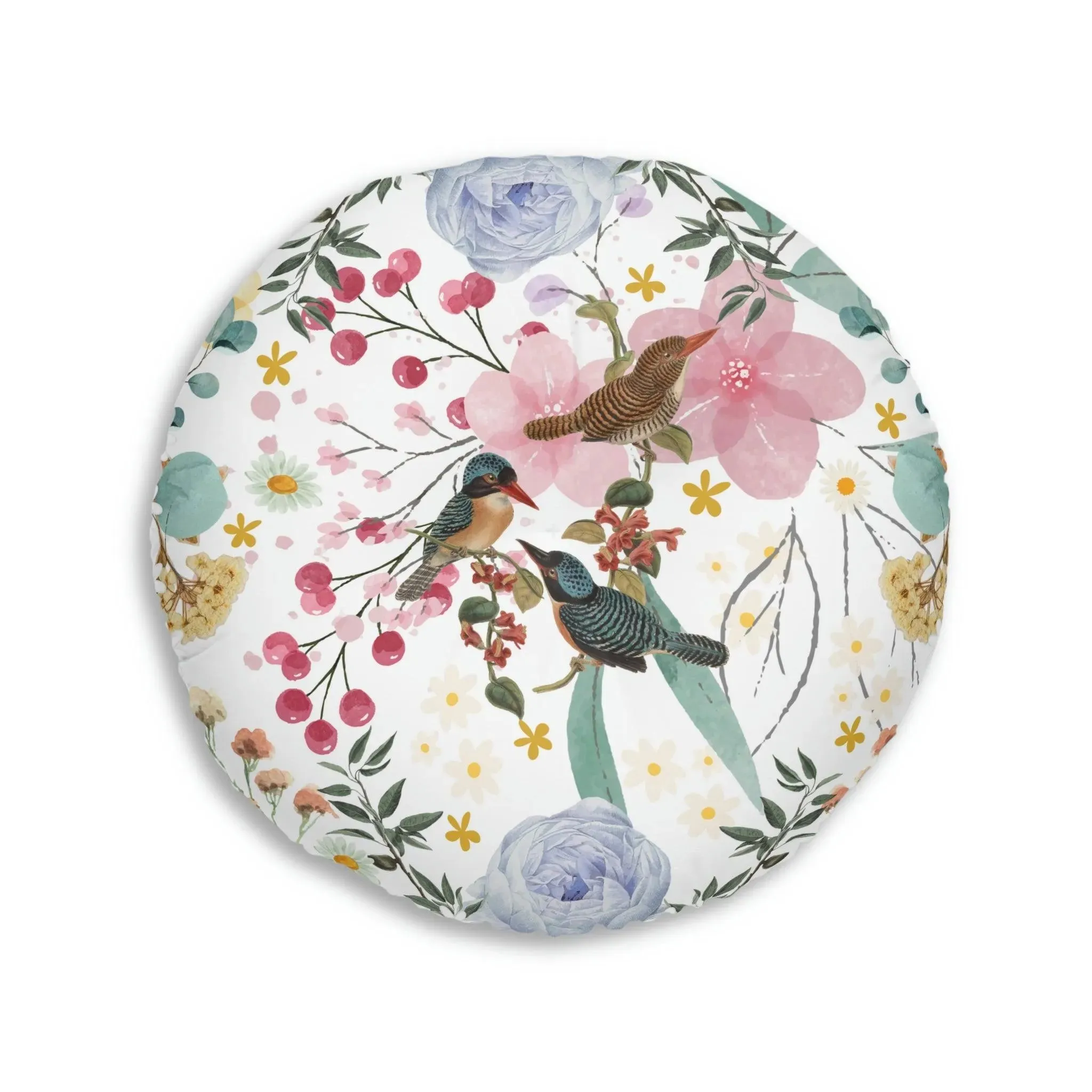 Sky Blue Chinoiserie Floral and Bird Tufted Round Floor Pillow