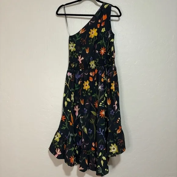 Slate &amp; Willow Black Floral Print One-Shoulder Hi-Low Ruffle Hem Dress Size 2