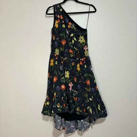 Slate &amp; Willow Black Floral Print One-Shoulder Hi-Low Ruffle Hem Dress Size 2